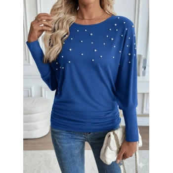 MARSiLYAN- Kadın Uzun Kollu Yuvarlak Yaka Incili Viskon Bluz