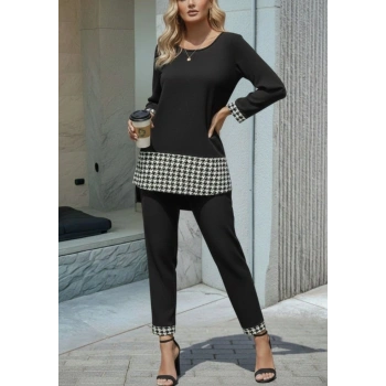 MARSiLYAN- Kadın Uzun Kollu Yuvarlak Yakalı Kaz Ayağı Detaylı Viskon Iki Iplik Bluz Ve Pantolon Ikili Takım