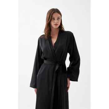 MARSiLYAN- Kadın Uzun Siyah Saten Sabahlık