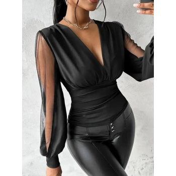 MARSiLYAN- Kadın Uzun Yırtmaç Tül Detaylı Derin V Yakalı Sandy Bluz