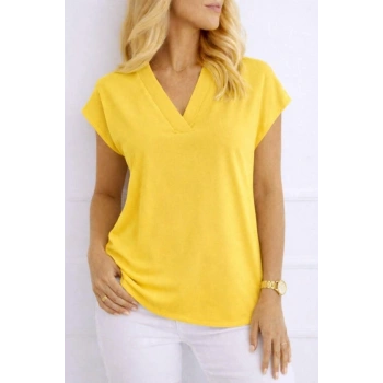 MARSiLYAN- Kadın V Yaka Kısa Kol Dokuma Viskon Kumaş Bluz