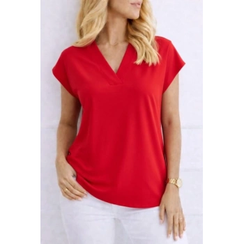 MARSiLYAN- Kadın V Yaka Kısa Kol Dokuma Viskon Kumaş Bluz