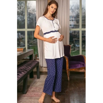 MARSiLYAN- Kadın Viskon Önden Açılan Göğüs İşlemeli Kısa Kol Dantelli Emzirme T-Shirt ve Kalp Baskılı Pantolon Pijama Takım (9661)