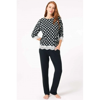 MARSiLYAN- Kadın Viskon Puantiyeli Uzun Kol Dantelli Sweatshirt ve Pantolon Pijama Takım (9760)