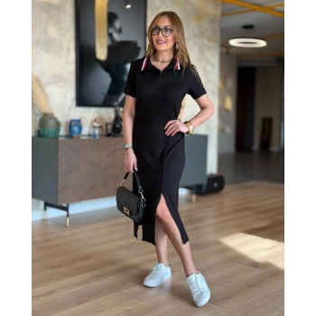 MARSiLYAN- Kadın Yaka Ribanalı Çift Yırtmaçlı Elbise