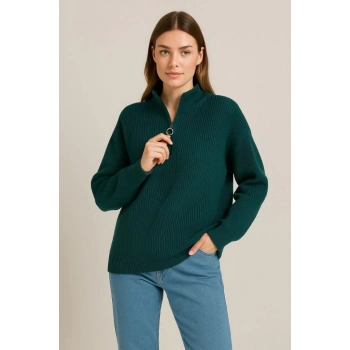 MARSiLYAN- KADIN Yarım Fermuarlı Triko Kazak – Selanik Örgü, Dik Yaka, Pamuklu Dokuma, Oversize Uzun Kollu Kışlık Model - Haki