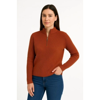 MARSiLYAN- KADIN Yarım Fermuarlı Triko Kazak – Selanik Örgü, Dik Yaka, Pamuklu Dokuma, Oversize Uzun Kollu Kışlık Model - Kiremit