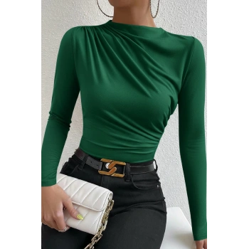 MARSiLYAN- Kadın Yeşil Belden ve Boyundan Büzgü Detaylı Uzun Kollu Bluz