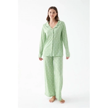 MARSiLYAN- Kadın Yeşil Kalp Desenli Düğmeli Pamuklu Pijama Takımı
