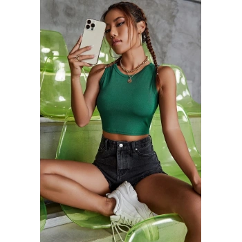 MARSiLYAN- Kadın Yeşil Kare Yaka Crop Top Bluz