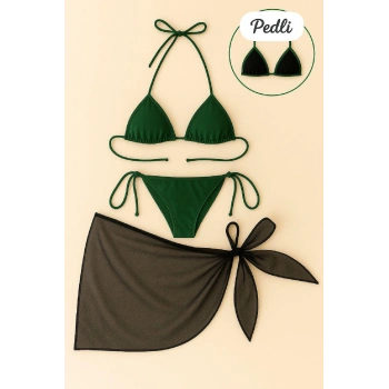 MARSiLYAN- Kadın Yeşil Siyah Pareolu Yandan ve Boyundan Bağlamalı 3lü Bikini Takımı