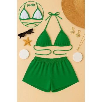 MARSiLYAN- Kadın Yeşil Şortlu Belden ve Boyundan Bağlamalı Bikini Takımı