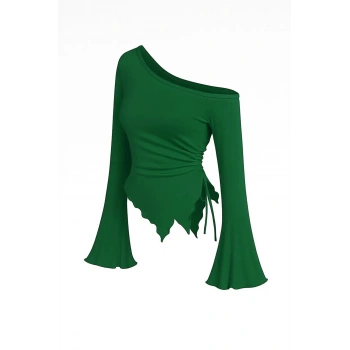 MARSiLYAN- Kadın Yeşil Uzun İspanyol Kollu Asimetirik Yaka Yandan Bağlamalı Drapeli Bluz