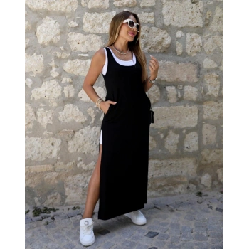 MARSiLYAN- Kadın Yırtmaç Detaylı Viskon Kumaş Maxi Boy Cepli Iç Dahil Ikili Elbise