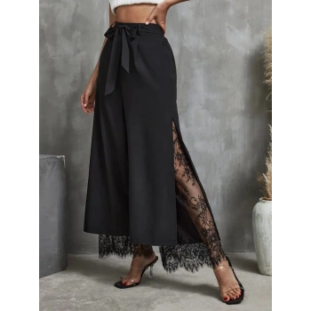 MARSiLYAN- Kadın Yüksek Bel Belden Kuşaklı üst Dalgıç Alt Dantel Detaylı Dalgıç Pantolon