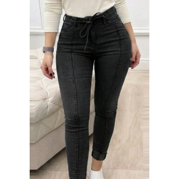 MARSiLYAN- Kadın Yüksek Bel Belden Kuşaklı Yırtık Detaylı Kot Pantolon