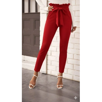 MARSiLYAN- Kadın Yüksek Bel Beli Fırfırlı önden Bağlamalı Ithal Krep Pantolon