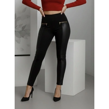 MARSiLYAN- Kadın Yüksek Bel Deri Detaylı Fermuarlı Dalgıç Tayt