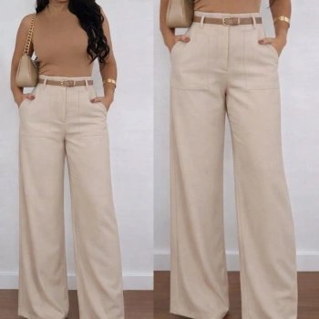 MARSiLYAN- Kadın Yüksek Bel Geniş Paça Detaylı Cepli Ithal Krep Pantolon