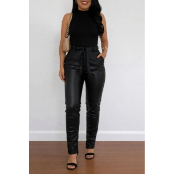 MARSiLYAN- Kadın Yüksek Bel Kuşaklı Deri Pantolon