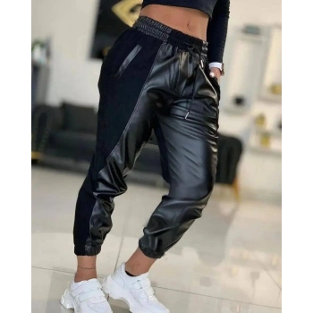 MARSiLYAN- Kadın Yüksek Bel Lastikli Cepli Deri Detaylı Dalgıç Pantolon