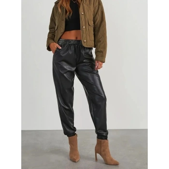 MARSiLYAN- Kadın Yüksek Bel Lastikli önü Düğmeli Deri Pantolon