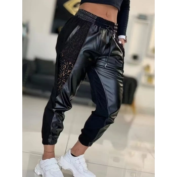 MARSiLYAN- Kadın Yüksek Bel Lastikli Yanda Dantel Detaylı Bağcıklı Deri Pantolon