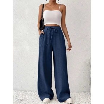 MARSiLYAN- Kadın Yüksek Bel önden Bağlamalı Geniş Kesim Keten Pantolon