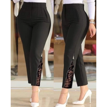 MARSiLYAN- Kadın Yüksek Bel önden Nervürlü Ve Fermuarlı Yandan Dantelli Ithal Krep Pantolon