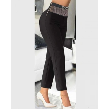 MARSiLYAN- Kadın Yüksek Bel önden Taşlı Ve Tokalı Ithal Krep Pantolon