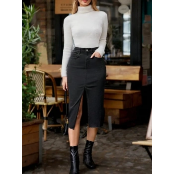 MARSiLYAN- Kadın Yüksek Bel önden Yırtmaçlı Cepli Midi Kot Etek