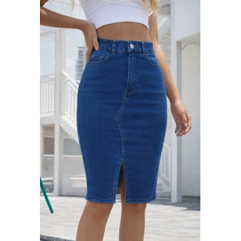 MARSiLYAN- Kadın Yüksek Bel önden Yırtmaçlı Kısa Kot Etek