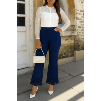 MARSiLYAN- Kadın Yüksek Bel Paçaya Doğru Genişleyen Lazer çiçek Kesim Detaylı Ithal Krep Pantolon