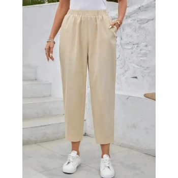 MARSiLYAN- Kadın Yüksek Bel Yandan Cepli Düğme Detaylı Geniş Kesim Ithal Krep Pantolon