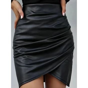 MARSiLYAN- Kadın Yüksek Bel Yandan Fermuarlı Pileli Mini Deri Etek