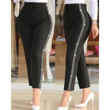 MARSiLYAN- Kadın Yüksek Bel Yanlardan Taş Detaylı Ithal Krep Pantolon