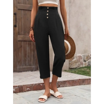 MARSiLYAN- Kadın Yüksek Belli önden Düğmeli Ithal Keten Pantolon