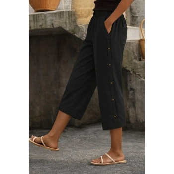 MARSiLYAN- Kadın Yüksel Bel Lastikli Yandan Dügme Detaylı Midi Pantolon