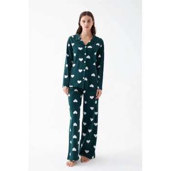 MARSiLYAN- Kadın Zümrüt Yeşili Kalp Desenli Düğmeli Pamuklu Pijama Takımı