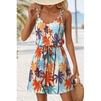 MARSiLYAN- Kadını Askılı V Yakalı Duğme Detaylı Desenli Kısa Süprem Elbise