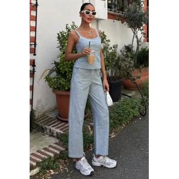 MARSiLYAN- Kalın Askılı Bluz Pantolon Keten Takım 10187