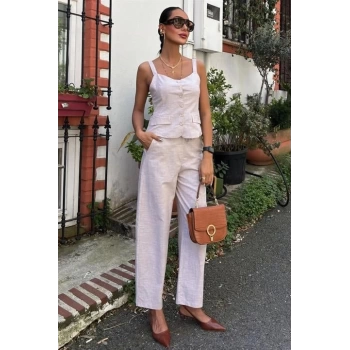 MARSiLYAN- Kalın Askılı Bluz Pantolon Keten Takım 10187