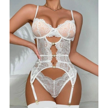 MARSiLYAN- Kalp Aksesuarlı Dantelli Fantezi Beyaz Jartiyer Takım