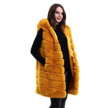 MARSiLYAN- Kapşonlu Peluş Kürk Yelek Premium Kalite, Tam Astarlı, Uzun Model - Sarı