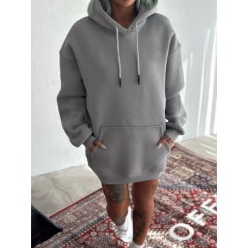 MARSiLYAN- Kapşonlu Üç İplik Penye Basic SweatShirt - Boyalı Gri