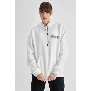 MARSiLYAN- Kapüşonlu Sırt Baskılı Üç İplik Oversize Sweatshirt - Beyaz
