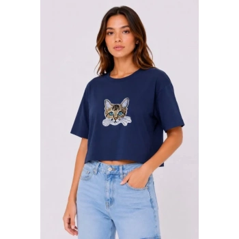 MARSiLYAN- Kedi Baskılı Oversize Crop Tişört Salaş Basic Yarım Kol T-shirt - Lacivert