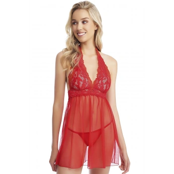 MARSiLYAN-  Kırmızı Boyundan Bağlamalı Dantel İşlemeli Fantezi Tül Gecelik