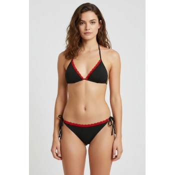 MARSiLYAN- Kırmızı Dantel Detaylı Siyah Bikini Takımı – Ayarlanabilir İpli, İçten Şardonlu, Kadın Mayo