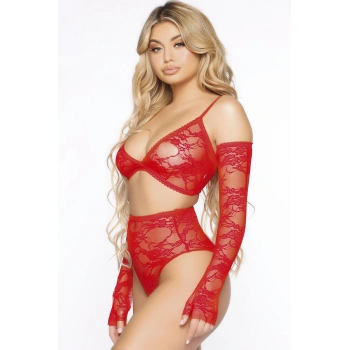 MARSiLYAN-  Kırmızı Dantel İşlemeli Eldivenli Fantezi Sütyen Külot Takımı